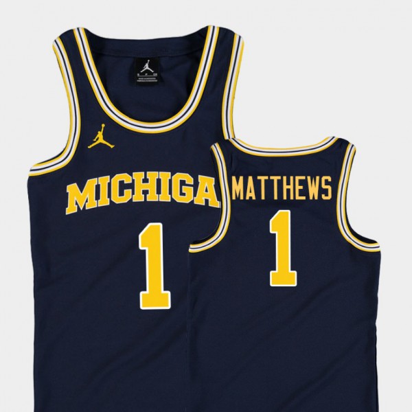 University of Michigan #1 Youth(Kids) Charles Matthews Jersey Navy College Basketball Jordan Replica Stitch